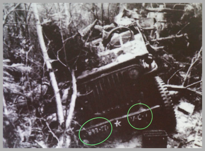 DISABLED JEEP OF THE 893rd TANK DESTROYER BATTALION ON THE VOSSENACK SIDE OF THE KALL TRAIL