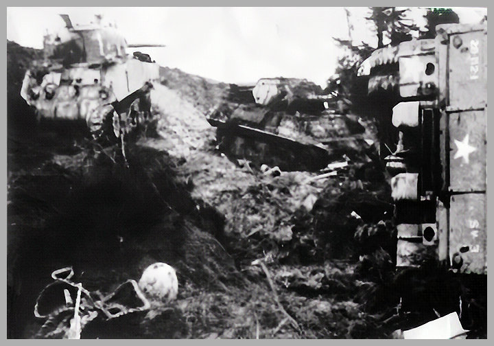 DISABLED JEEP OF THE 893rd TANK DESTROYER BATTALION ON THE VOSSENACK SIDE OF THE KALL TRAIL